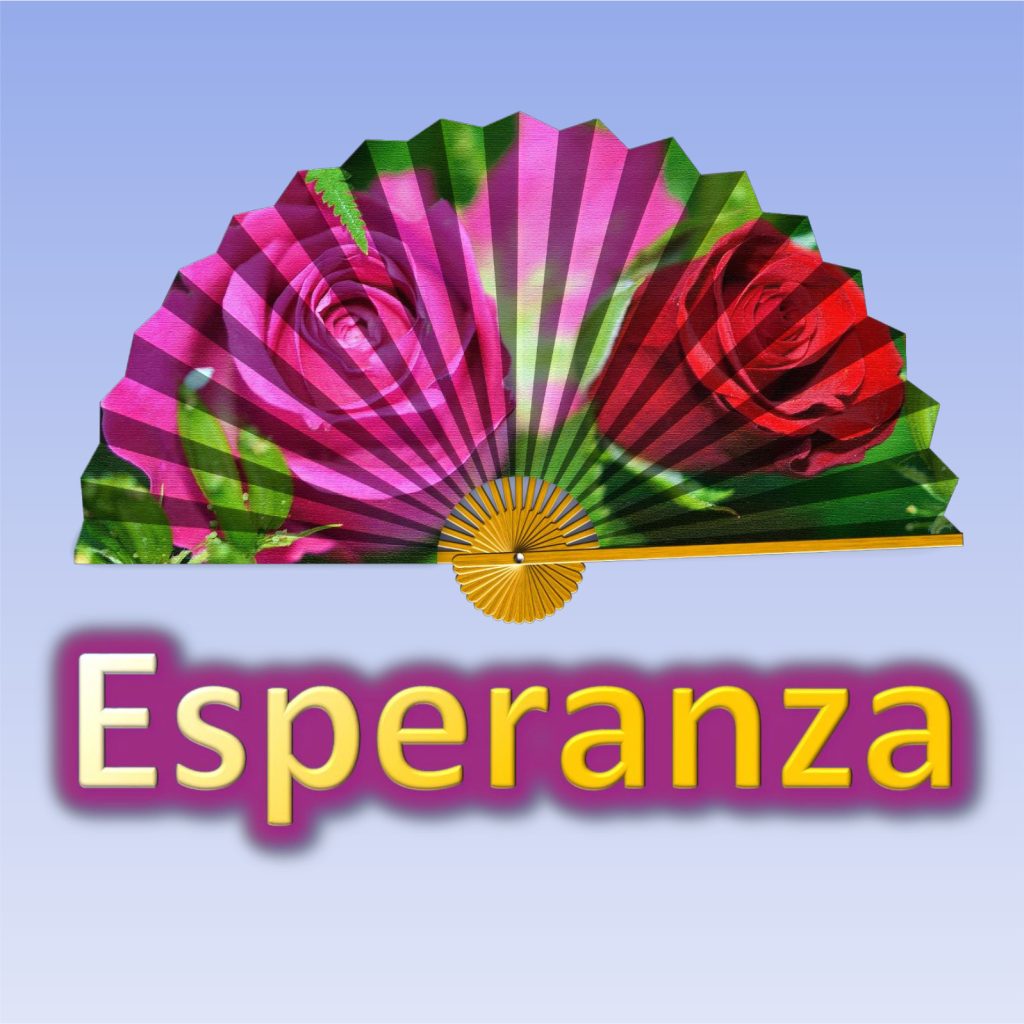 Das Logo des Podcasts - Ein Fächer mit pinkfarbenen und roten Rosen, darunter der Schriftzug Esperanza